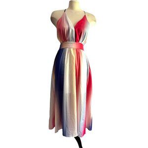Silky Tie Die Color Splash Open Back Strappy Maxi Dress Sz Medium Womens Flowy L